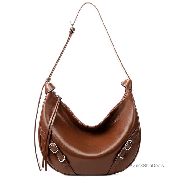 Vegan Leather Hobo Shoulder Bag Adjustable Strap Compact Travel Purse